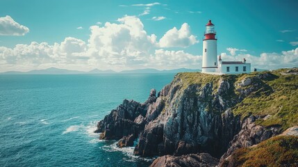 A stunning lighthouse perched on a rocky cliff, overlooking the serene blue ocean under a vibrant sky with fluffy clouds.