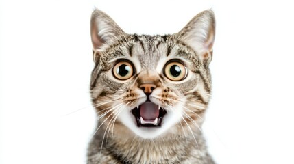 Obraz premium A cat with a furious yet surprised face, frozen mid-pounce with an exaggerated expression, isolated on a bright white background, funny and exciting.