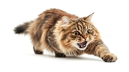 Obraz premium A cat with a furious yet surprised face, frozen mid-pounce with an exaggerated expression, isolated on a bright white background, funny and exciting.