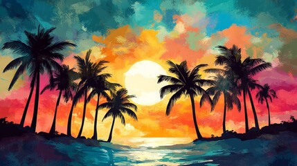 A vibrant beach scene with the sun setting behind a line of palm trees.