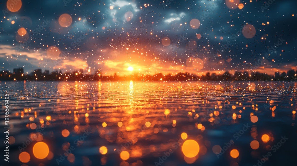Aufkleber sunset over a serene lake with raindrops creating ripples on the water's surface during a cloudy eve