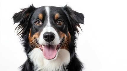 A cheerful dog, sitting calmly on a white background, gazes at the camera with its tongue out, showing a lively and joyful expression.