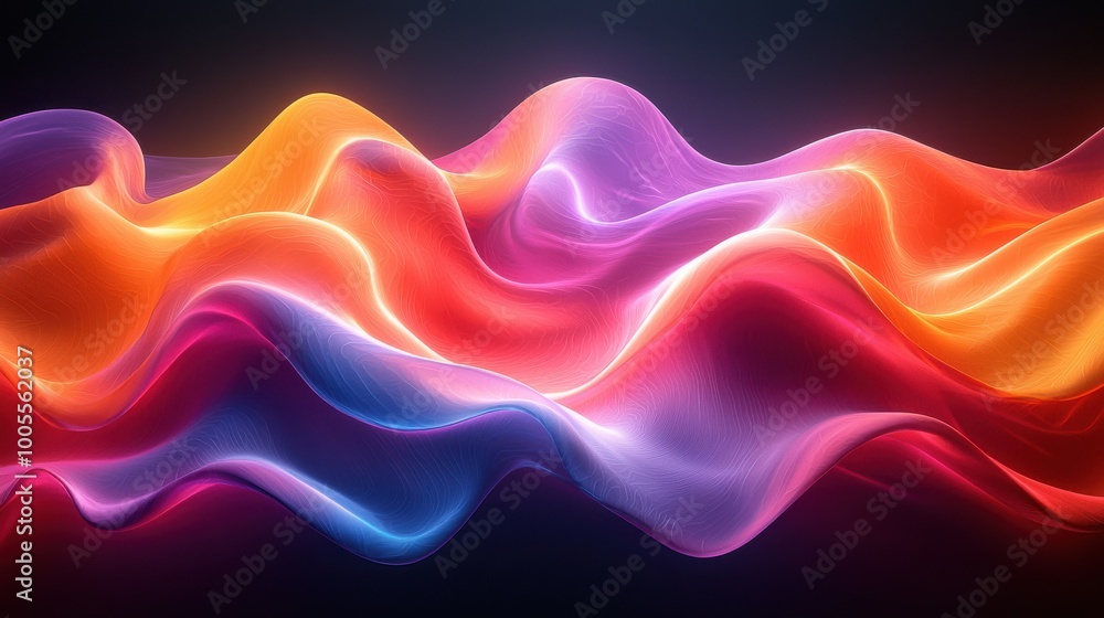 Poster colorful abstract waves of fabric moving gracefully in a digital rendering with a dark background cr