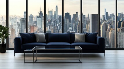 Chic minimalist living room with a navy blue sofa, a contemporary metal coffee table, and floor-to-ceiling windows showing a bustling urban skyline