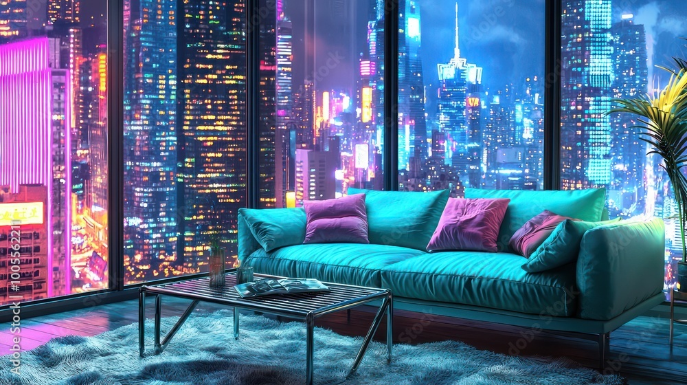 Wall mural chic living room with a turquoise sofa, a minimalist metal coffee table, and floor-to-ceiling window