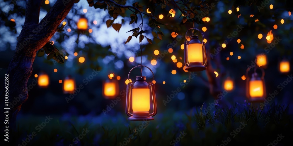Aufkleber rustic lanterns glowing in a tree, creating a warm evening ambiance.