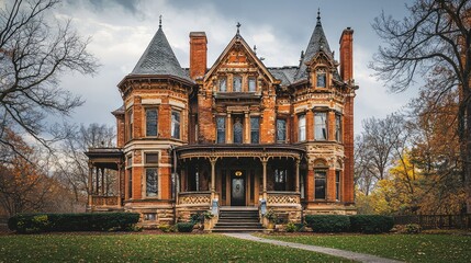 Obraz premium A stunning Victorian mansion with intricate architecture set against a dramatic sky, showcasing timeless elegance and historical charm.