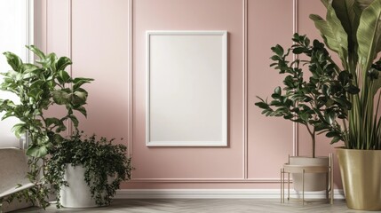 A minimalist interior featuring a blank frame and lush plants against a pink wall.