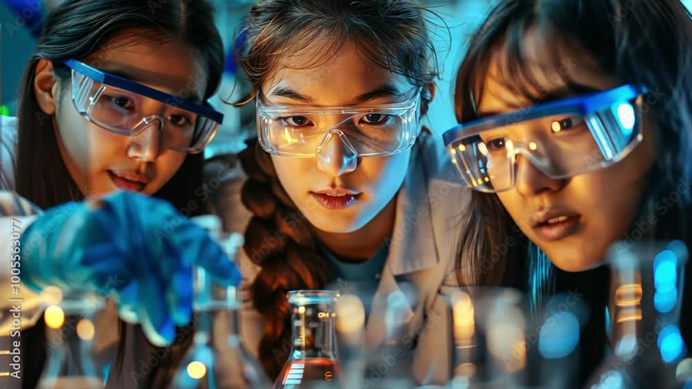 Poster in a modern laboratory, three students work intently on chemistry experiments. they wear protective 