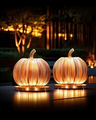 Stylish decorative pumpkins illuminated warmly on a table at night.