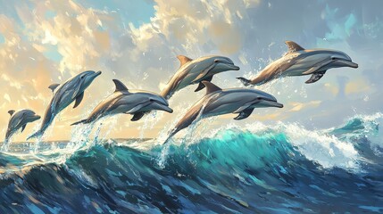A vibrant scene of a group of playful dolphins leaping out of the ocean. Their sleek bodies glisten in the sunlight as they arc gracefully through the water, creating a lively and joyful display.