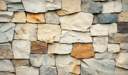 An abstract background with irregularly shaped stones in various colors, such as beige and gray, arranged to form the texture of stone walls. Created with Ai
