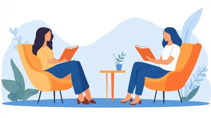 Fototapeta premium Two women reading books in modern chairs with potted plant, serene setting.