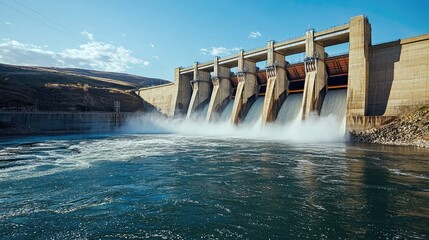 A stunning view of a modern dam releasing water into a river, showcasing engineering brilliance amidst a beautiful landscape.