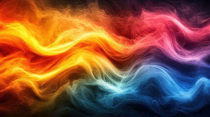 Obraz premium Colorful abstract waves of smoke blending in vibrant hues of orange, pink, blue, and yellow against a dark background