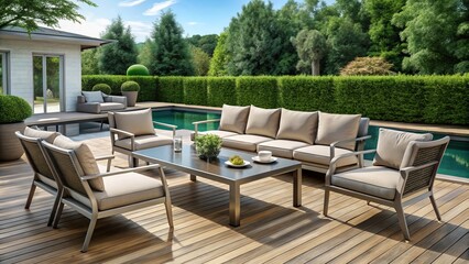Fototapeta premium Elevate your outdoor living with this luxurious aluminum patio furniture set, designed for stylish relaxation and