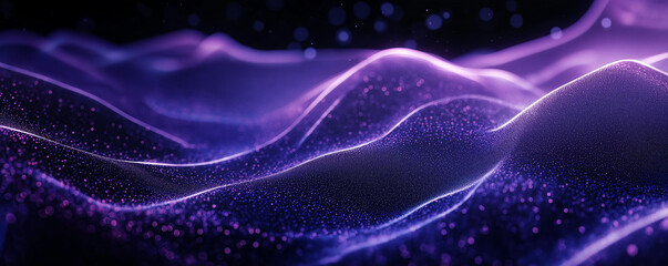 Fototapeta premium Abstract wavy tech background of glowing dots and lines, bokeh effect. AI generation.