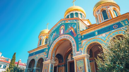 A stunning view of a vibrant church with colorful domes and intricate mosaics under a clear blue sky.