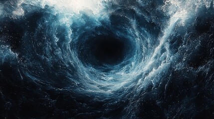 A powerful whirlpool forms in deep ocean waters, creating swirling currents and turbulent waves during a stormy night