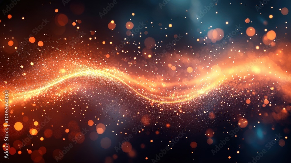Poster abstract wave of glowing particles and light in vibrant orange and blue color blend, creating an eng