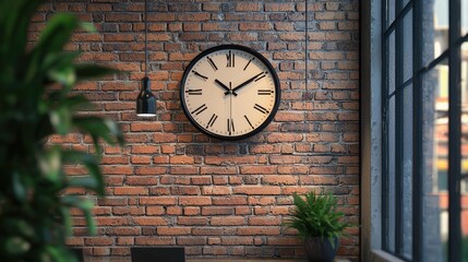 Fototapeta premium A stylish clock on a brick wall, perfect for adding a modern touch to any interior space with greenery.