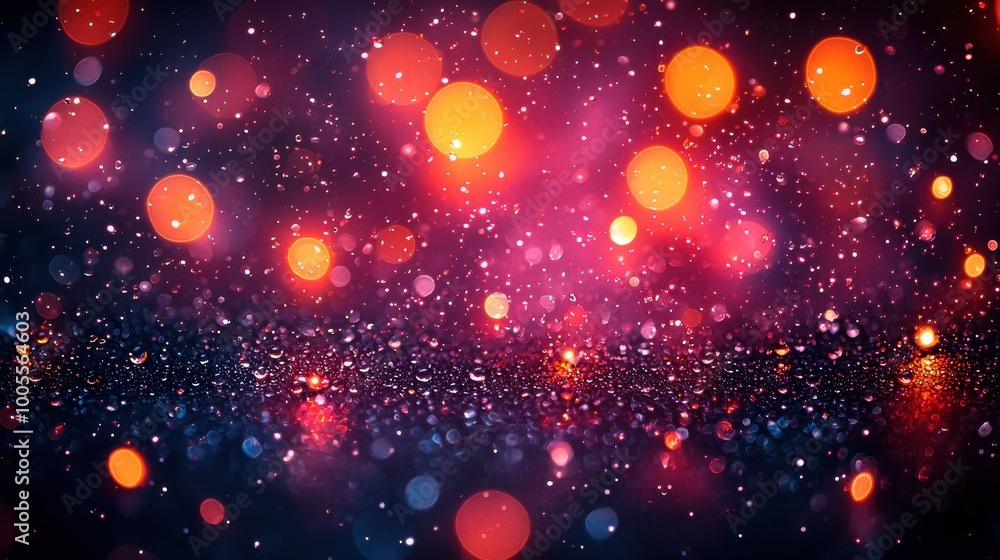 Poster colorful bokeh lights reflect on a wet surface during a vibrant evening event in a lively urban sett
