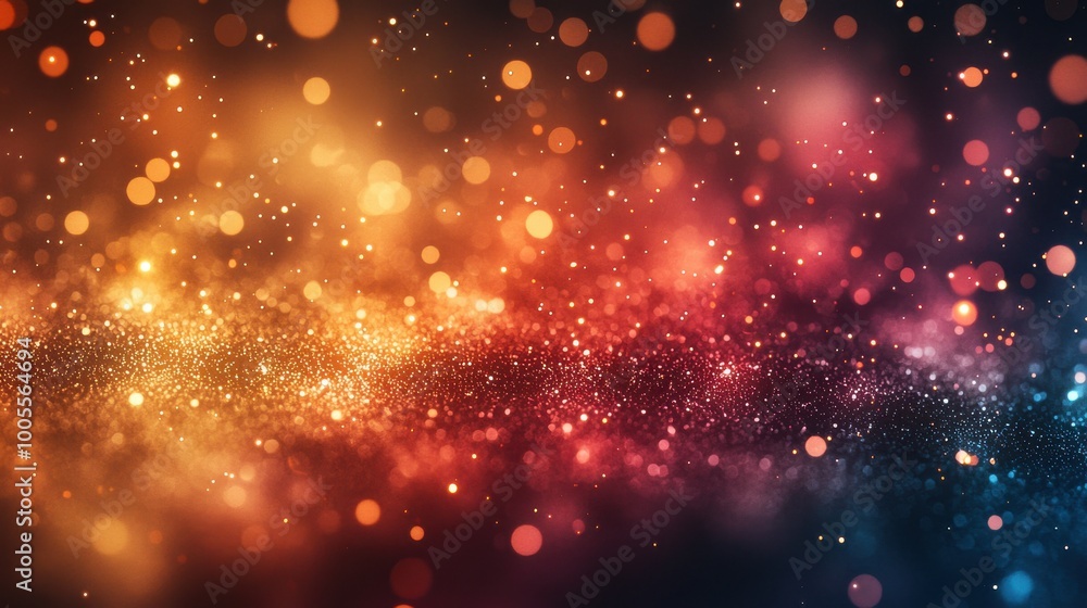 Poster colorful abstract background filled with sparkling particles and soft bokeh effects at night
