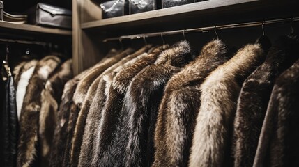 A stylish display of various fur coats hanging neatly in a modern wardrobe, showcasing luxury and elegance in fashion.