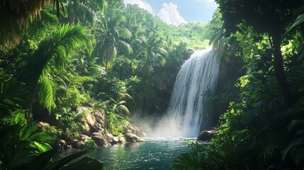 A vibrant view of a tropical waterfall surrounded by lush jungle vegetation. The cascading water and the vibrant greenery create a dramatic and exotic natural scene.