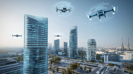 AI powered drones flying on the buildings of a futuristic city