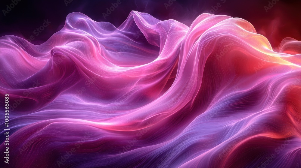 Poster a mesmerizing blend of purple and pink waves undulating softly against a dark backdrop, creating an 