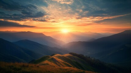 Obraz premium Stunning sunrise over rolling hills and misty mountain landscape