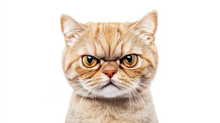 Obraz premium A comical cat with an angry, surprised expression, ears back and eyes wide in disbelief, isolated on a white background, perfect for funny moments.