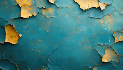 Colorful teal and yellow cracked paint texture background. Created with Ai
