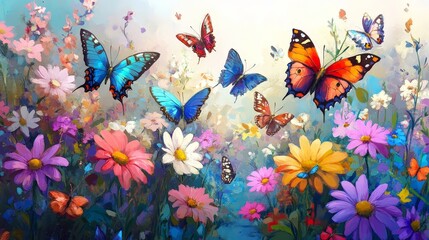 A vivid depiction of a butterfly garden with a variety of butterflies fluttering among colorful blossoms. The diverse array of butterflies and flowers creates a dynamic and lively scene.