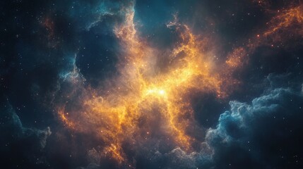A vivid depiction of a birth within a nebula. The glowing gases and emerging stars create a dynamic and beautiful scene of stellar creation and cosmic activity.