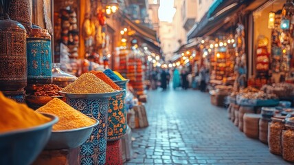 Obraz premium Vibrant market street with colorful spices and goods in traditional jars.