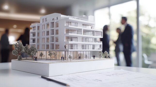 Modern architectural model of an apartment building sits on top of a white table with blueprints and a pencil nearby. Corporates people standing around apartment building in the background.