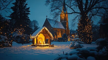 A tranquil winter scene featuring a beautifully lit nativity set against a snowy landscape and a charming church tower.