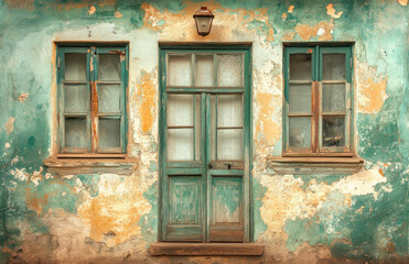  Old, green and brown-painted house wall with a door, windows and a lantern. Created with Ai
