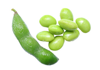 Edamame beans isolated on white background with clipping path. Heap of edamame green soy beans or soya beans.