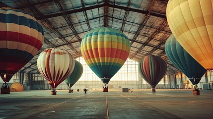 A vibrant collection of hot air balloons inside a spacious hangar, showcasing colorful patterns and textures.
