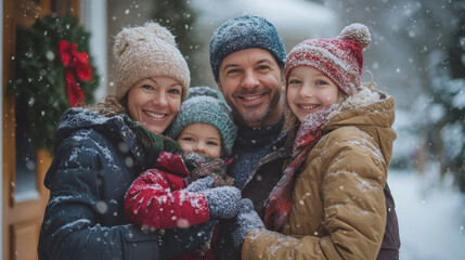 joyful family poses outside in snow, wearing warm winter coats and hats, surrounded by beautiful winter landscape. Their smiles reflect happiness of season