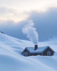 A cozy cabin nestled in a snowy landscape with smoke rising from its chimney.