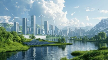 Fototapeta premium A vibrant eco-friendly cityscape with wind turbines, solar panels, and green landscapes near a serene river under a clear sky.