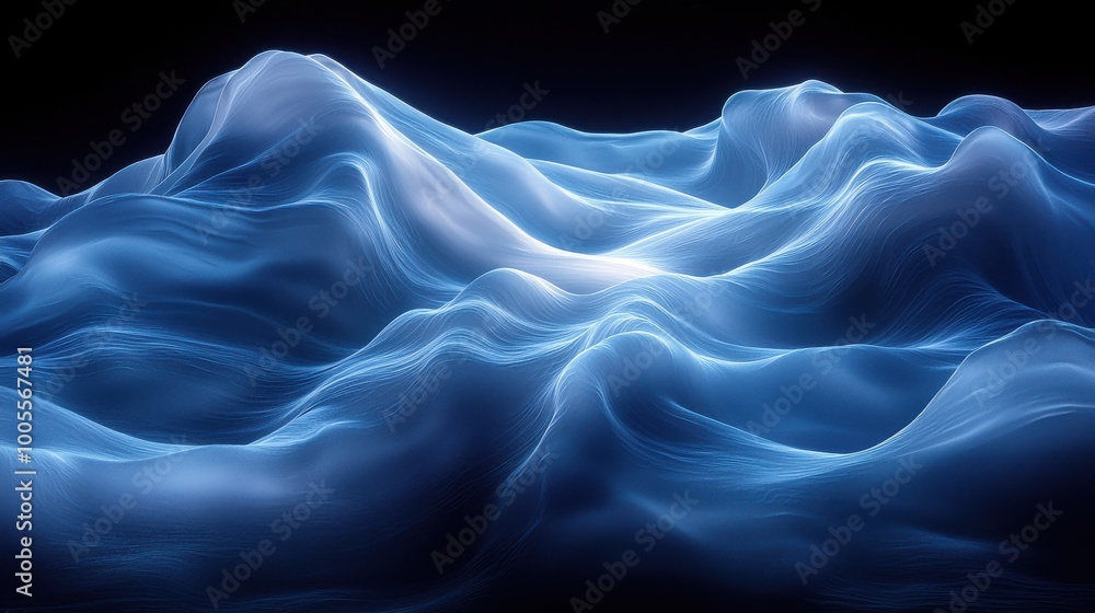 Poster waves of blue light undulating in a dark space, creating a sense of movement and depth, resembling a