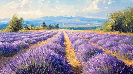 Obraz premium A vibrant lavender field stretches to the horizon, showcasing the beauty of nature under a clear blue sky with distant mountains.