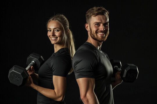 Fitness 30s man and woman with a dumbells in athletic wear, smiling energetically. Portrait on solid black background. Ideal for gym memberships, sportswear, fitness programs.