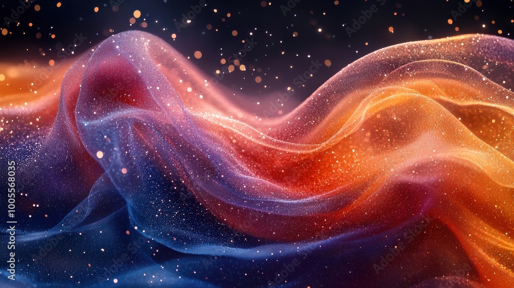 Poster flowing abstract fabric with shimmering particles in vivid orange and blue tones against a dark back