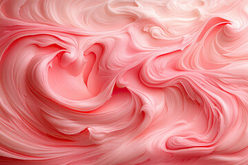 A close-up of swirling pink and white frosting, creating an abstract pattern that resembles the surface of the sea with gentle waves. Created with Ai